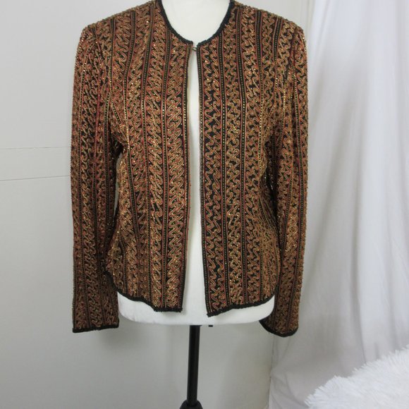 Papell Boutique Black Silk Embroidered Beaded Evening Jacket Vintage Size Medium - Picture 1 of 13